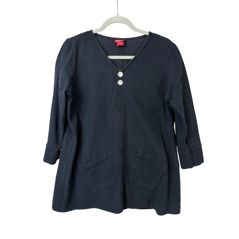 Too Fan Abalone Button V-Neck Mid Sleeve Cotton Top Size L Pocket